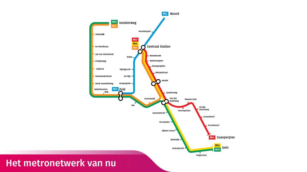 Het huidige metronetwerk van Amsterdam.